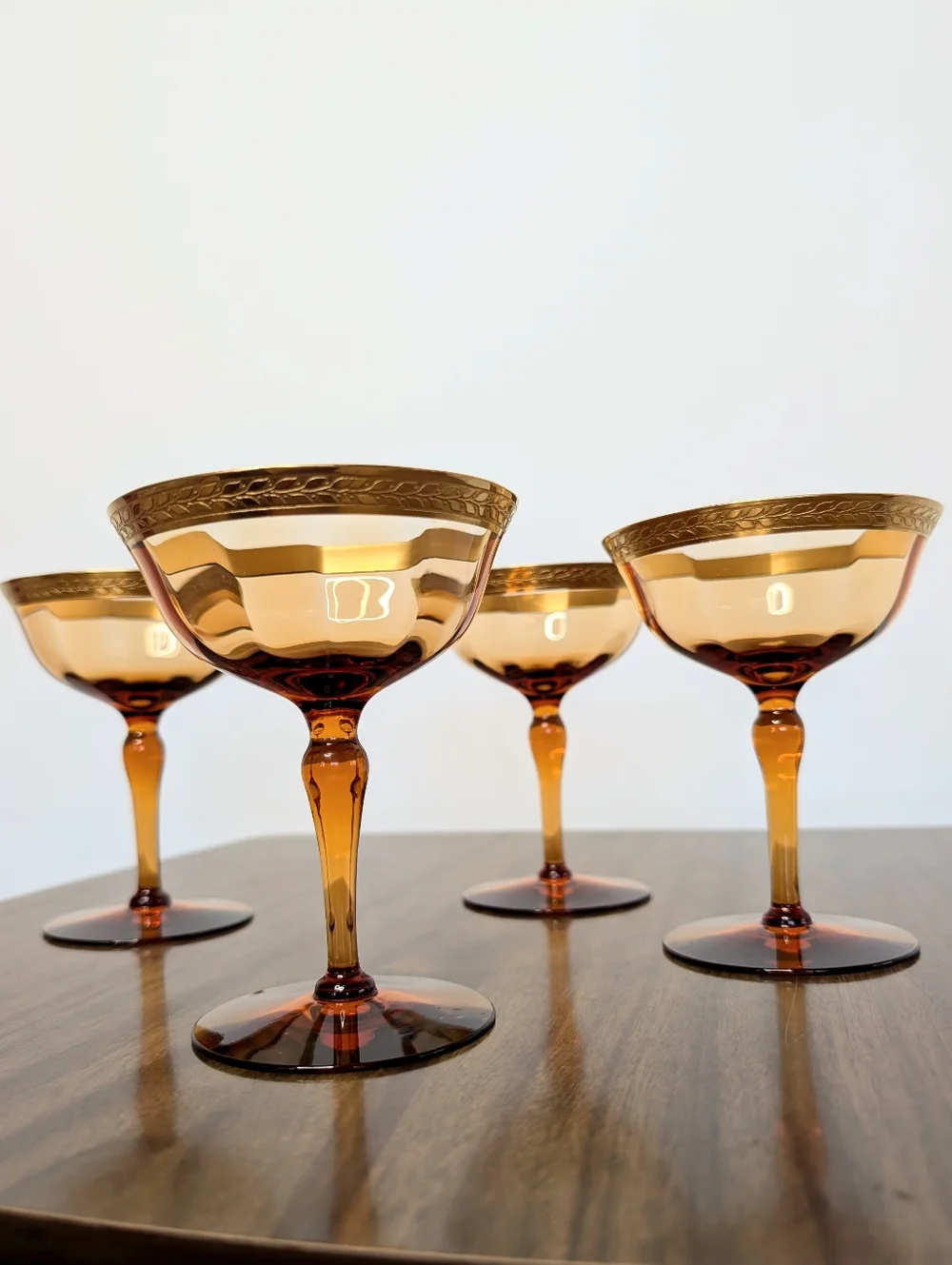 Vintage Amber Glass Gold Rim With Laurel Leaf Pattern Champagne Glasses Set Of 4